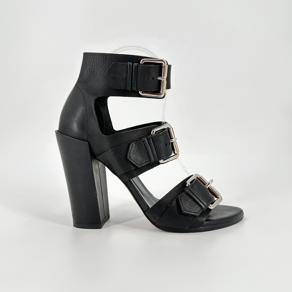 Proenza Schouler Black Leather Triple Buckle Block Heel Sandals Women's IT 38